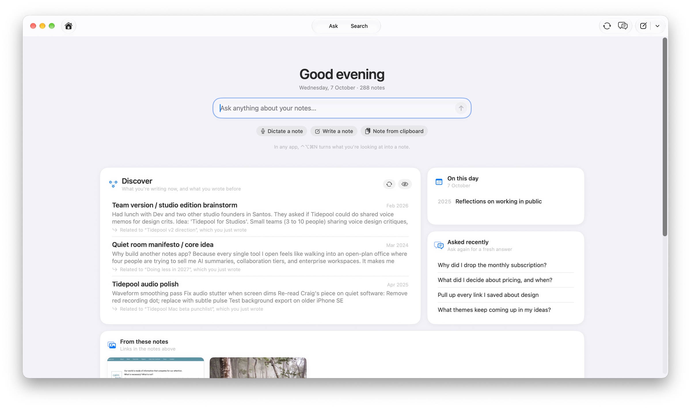 Notes2ai on a Mac: a greeting, the ask box, and Discover connecting recent notes to older ones