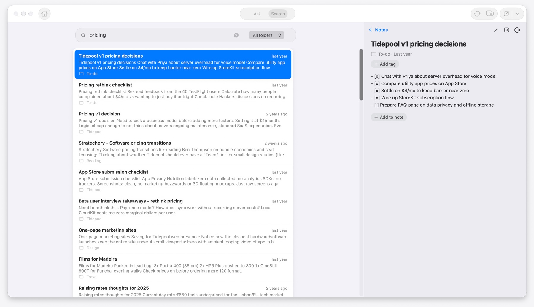 Search results for pricing, with a note open beside them