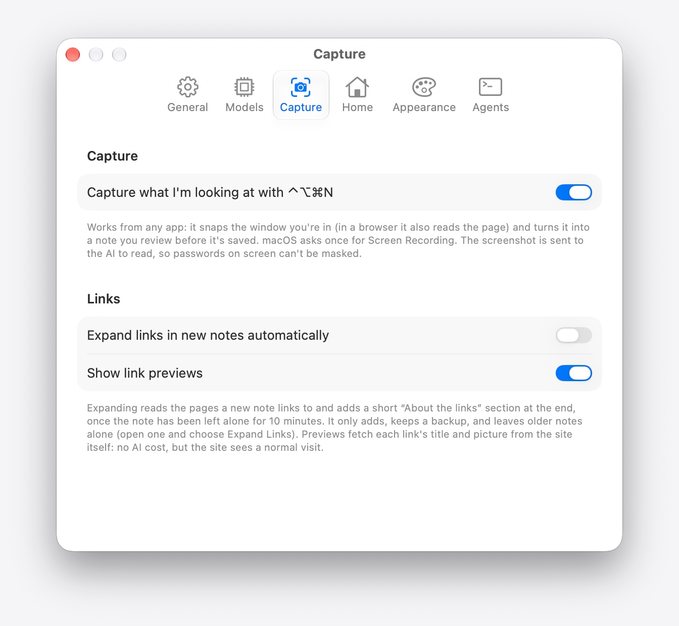 The Settings window